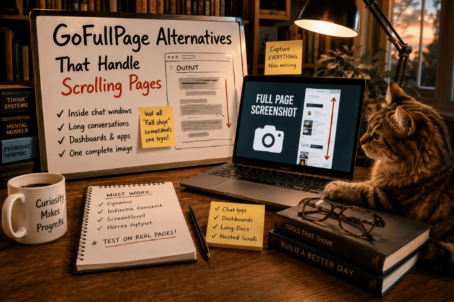 Warm home-office desk with a whiteboard titled “GoFullPage Alternatives That Handle Scrolling Pages,” a laptop displaying a full-page screenshot concept, handwritten testing notes, coffee, books, and a brown tabby cat beside the computer.