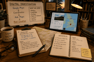 Featured image for "Getting Coordinates and Location Info from Google Maps." A warm evening home office workspace shows a whiteboard outlining a digital investigation workflow from Google Maps to coordinates, Ask Maps, and a real-world location. On the desk, a clipboard, notebook, printed map, and tablet display research notes about Chosen Hill in England, illustrating how map coordinates can be turned into useful background information for writing, travel planning, genealogy, or general research. The scene conveys careful investigation, curiosity, and practical learning rather than generic technology.