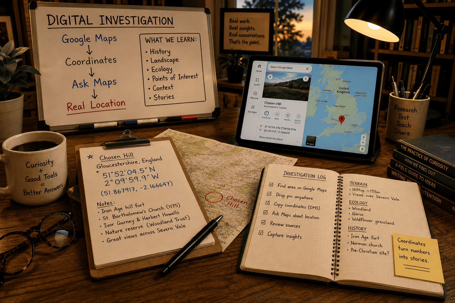 Featured image for "Getting Coordinates and Location Info from Google Maps." A warm evening home office workspace shows a whiteboard outlining a digital investigation workflow from Google Maps to coordinates, Ask Maps, and a real-world location. On the desk, a clipboard, notebook, printed map, and tablet display research notes about Chosen Hill in England, illustrating how map coordinates can be turned into useful background information for writing, travel planning, genealogy, or general research. The scene conveys careful investigation, curiosity, and practical learning rather than generic technology.