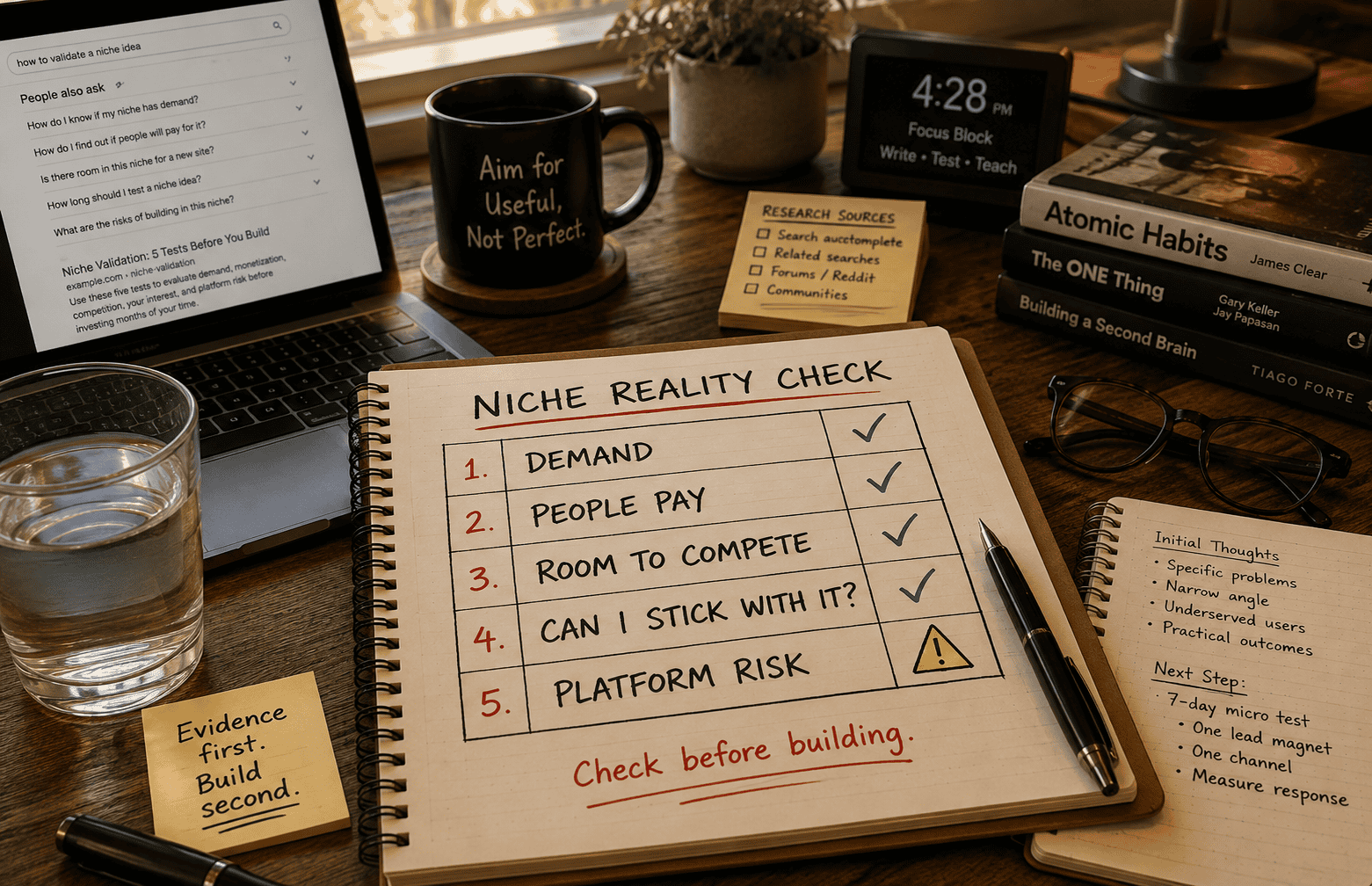 Warm Unretired Doug workspace with an open notebook showing a five-part “Niche Reality Check” for demand, paying customers, competition, personal fit, and platform risk, surrounded by research notes, a laptop, and a glass of water.