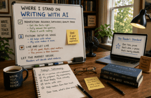 Featured image showing a warm home office workspace with a whiteboard titled "Where I Stand on Writing With AI." The board outlines practical principles for using AI in nonfiction and fiction writing, while an open notebook, laptop, books, coffee mug, and handwritten notes reinforce an editorial, research-focused environment. The image represents a thoughtful approach to AI-assisted writing that prioritizes accuracy, personal voice, and the reader's experience.