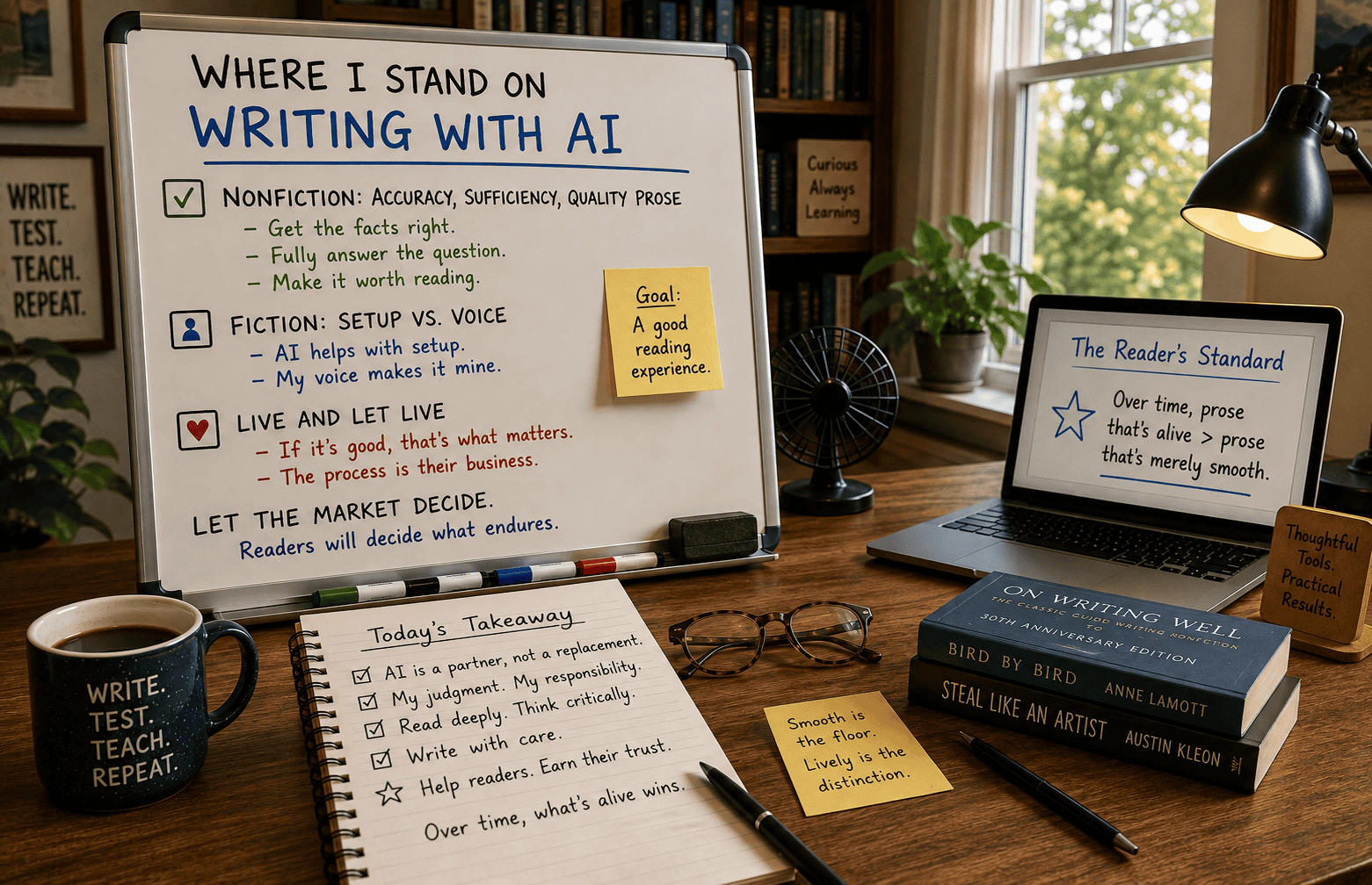 Featured image showing a warm home office workspace with a whiteboard titled "Where I Stand on Writing With AI." The board outlines practical principles for using AI in nonfiction and fiction writing, while an open notebook, laptop, books, coffee mug, and handwritten notes reinforce an editorial, research-focused environment. The image represents a thoughtful approach to AI-assisted writing that prioritizes accuracy, personal voice, and the reader's experience.