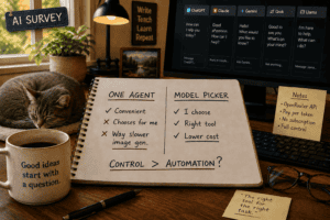 Featured image showing a warm home office workspace for an AI tools comparison. A sleeping tabby cat rests beside a coffee mug while an open notebook compares using one AI agent versus choosing the best AI model for each task. A computer monitor displays ChatGPT, Claude, Gemini, Grok, and Llama, with notes about the OpenRouter API, pay-per-token pricing, and user control. The cozy scene reinforces the article's theme that selecting the right AI model can offer more flexibility, lower cost, and better results than relying on a single AI assistant.