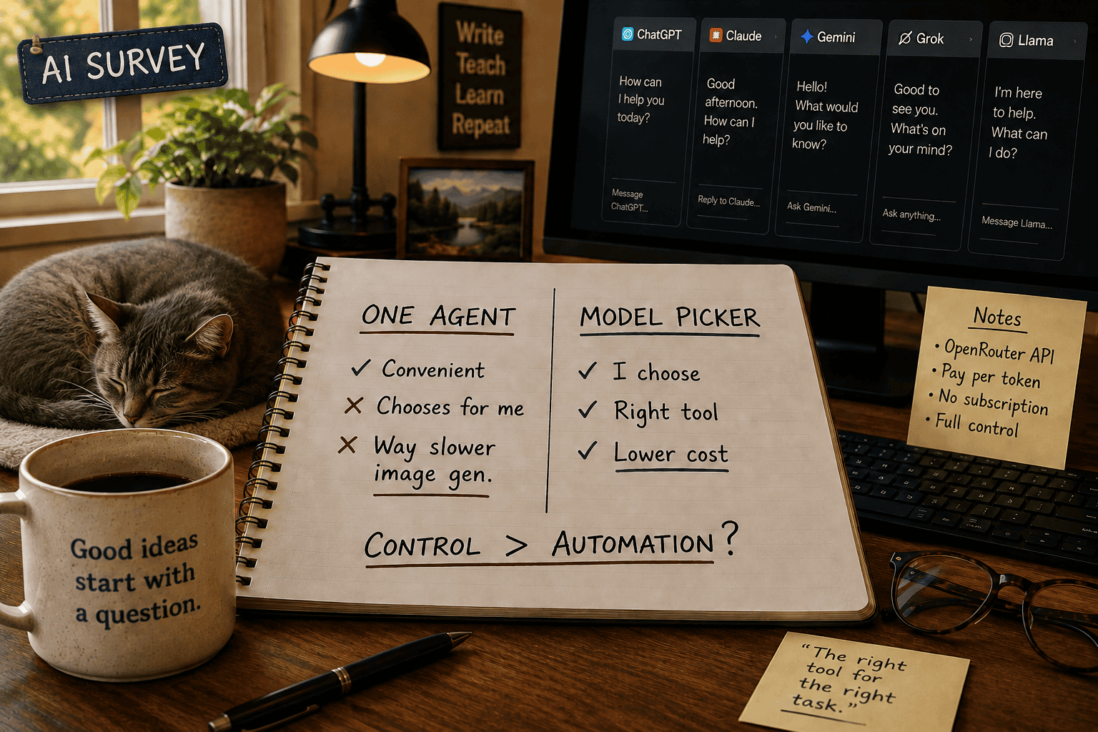 Featured image showing a warm home office workspace for an AI tools comparison. A sleeping tabby cat rests beside a coffee mug while an open notebook compares using one AI agent versus choosing the best AI model for each task. A computer monitor displays ChatGPT, Claude, Gemini, Grok, and Llama, with notes about the OpenRouter API, pay-per-token pricing, and user control. The cozy scene reinforces the article's theme that selecting the right AI model can offer more flexibility, lower cost, and better results than relying on a single AI assistant.
