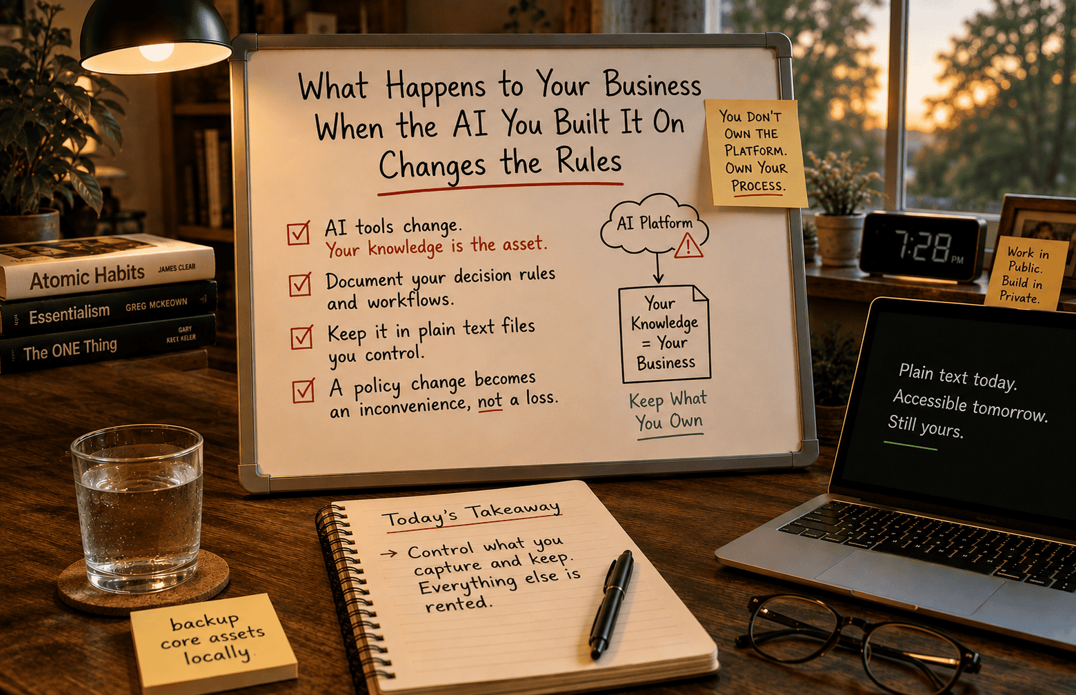 Warm home office workspace with a whiteboard explaining how to protect business knowledge when AI platforms change, alongside a laptop, notebook, glass of water, and a reminder to “backup core assets locally.”