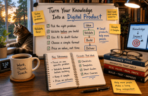 Warm Unretired Doug home office with a tabby cat at the window, a whiteboard outlining how to turn knowledge into a digital product, and an open notebook highlighting validation, simple formats, and pricing based on value.