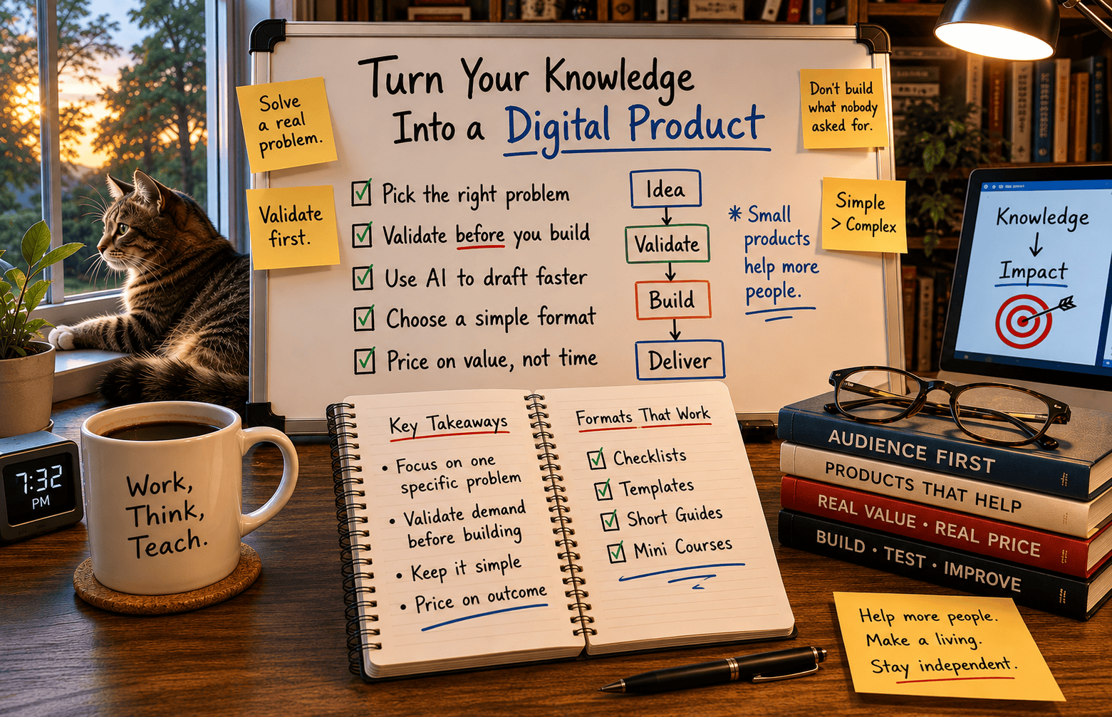 Warm Unretired Doug home office with a tabby cat at the window, a whiteboard outlining how to turn knowledge into a digital product, and an open notebook highlighting validation, simple formats, and pricing based on value.