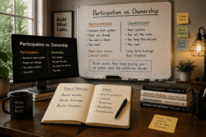 Warm Unretired Doug home-office workspace illustrating participation vs. ownership, with a whiteboard and monitor comparing platform-dependent income with building owned digital assets, plus an open notebook emphasizing assets, leverage, and freedom.