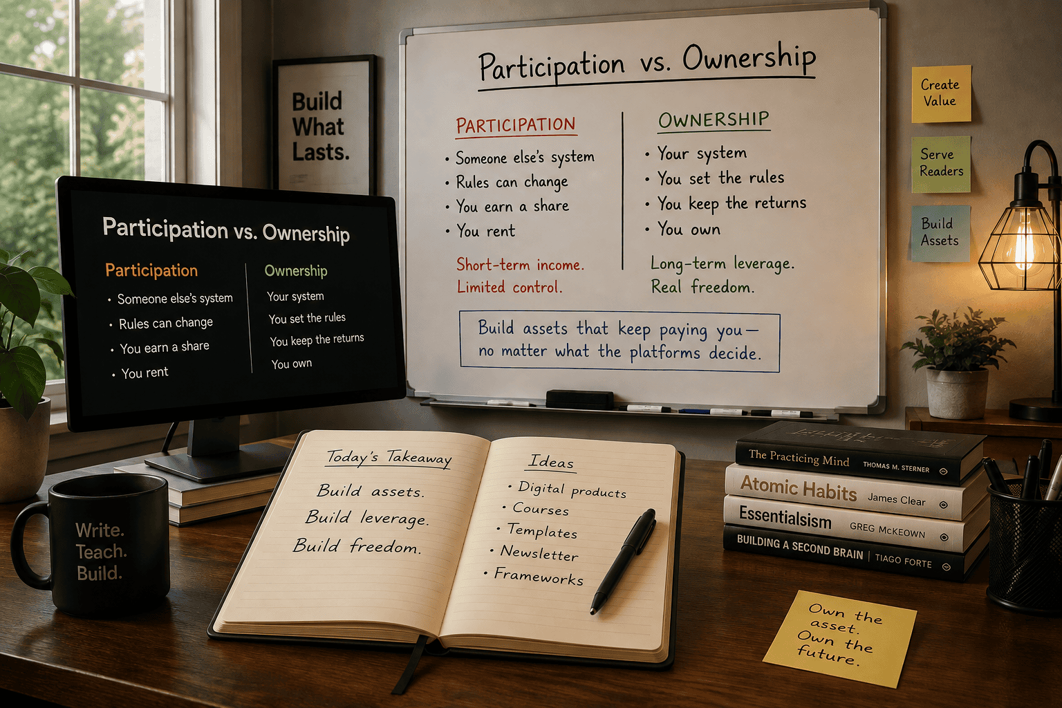 Warm Unretired Doug home-office workspace illustrating participation vs. ownership, with a whiteboard and monitor comparing platform-dependent income with building owned digital assets, plus an open notebook emphasizing assets, leverage, and freedom.