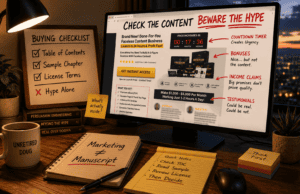 Featured image for a Unretired Doug article about evaluating PLR sales pages. A warmly lit workspace features a widescreen monitor displaying a heavily annotated sales page with the message "Check the Content. Beware the Hype." Beside it, a whiteboard lists a buying checklist that includes reviewing the table of contents, sample chapter, and license terms before purchasing. Notebooks, sticky notes, a coffee mug, and desk accessories reinforce the lesson that the quality of digital content should be judged by what is inside the product rather than by persuasive marketing.
