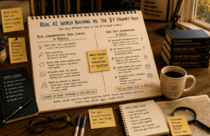 Featured image for "Real AI Worldbuilding vs. the $7 Prompt Pack." A warm writer's workspace centers on a large spiral-bound sketchbook filled with a hand-drawn comparison between two approaches to AI-assisted fiction writing: one-shot prompt generation versus a slower process of research, questioning, revision, and fact-checking. Surrounding the sketchbook are notebooks, maps, pens, books on writing craft, reading glasses, sticky notes, a magnifying glass, and a coffee mug, creating the feeling of an active research session. The image reinforces the article's message that strong fictional worlds are built through careful investigation and iterative refinement, not by accepting a single AI-generated draft as finished.