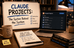 Featured image for an article about Claude Projects. A warmly lit home office at dusk features a large whiteboard reading "Claude Projects: The System Behind the System" beside a laptop displaying the Claude Projects interface. A notebook summarizes the takeaway: "One setup. Every chat starts briefed," with notes about consistency and better results. Books, a coffee mug, desk lamp, and workspace details create the feel of a real research office, illustrating how Claude Projects help organize instructions, files, and context for more consistent AI conversations.