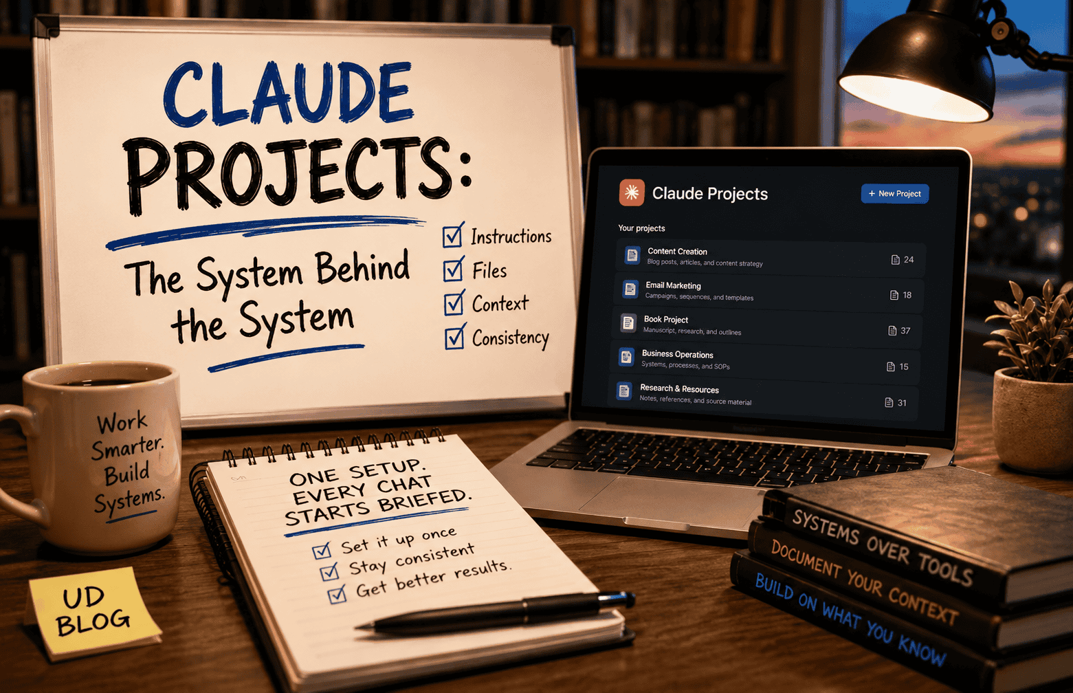 Featured image for an article about Claude Projects. A warmly lit home office at dusk features a large whiteboard reading "Claude Projects: The System Behind the System" beside a laptop displaying the Claude Projects interface. A notebook summarizes the takeaway: "One setup. Every chat starts briefed," with notes about consistency and better results. Books, a coffee mug, desk lamp, and workspace details create the feel of a real research office, illustrating how Claude Projects help organize instructions, files, and context for more consistent AI conversations.