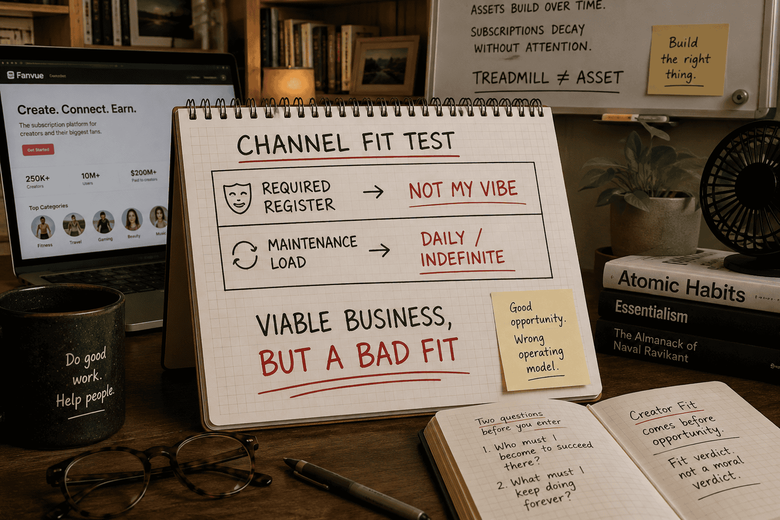 Warm Unretired Doug workspace with a Channel Fit Test notebook evaluating a intimacy-subscription business model, marking the required register “Not My Vibe” and the maintenance load “Daily/Indefinite,” with the conclusion “Viable Business, But a Bad Fit.”