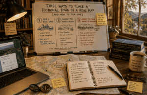 Featured image for "Three Ways to Place a Fictional Town on a Real Map." A warm, inviting writer's workspace features a large whiteboard comparing three approaches to fictional settings: using a real place, inventing an entire region, or creating a fictional town anchored to real geography. Spread across the wooden desk are printed maps, a notebook with setting-planning notes, a laptop displaying a mapped location, a compass, books on writing, and a coffee mug. The image conveys practical research and thoughtful world-building, illustrating how authors can create believable fictional towns grounded in real landscapes without copying an actual community.
