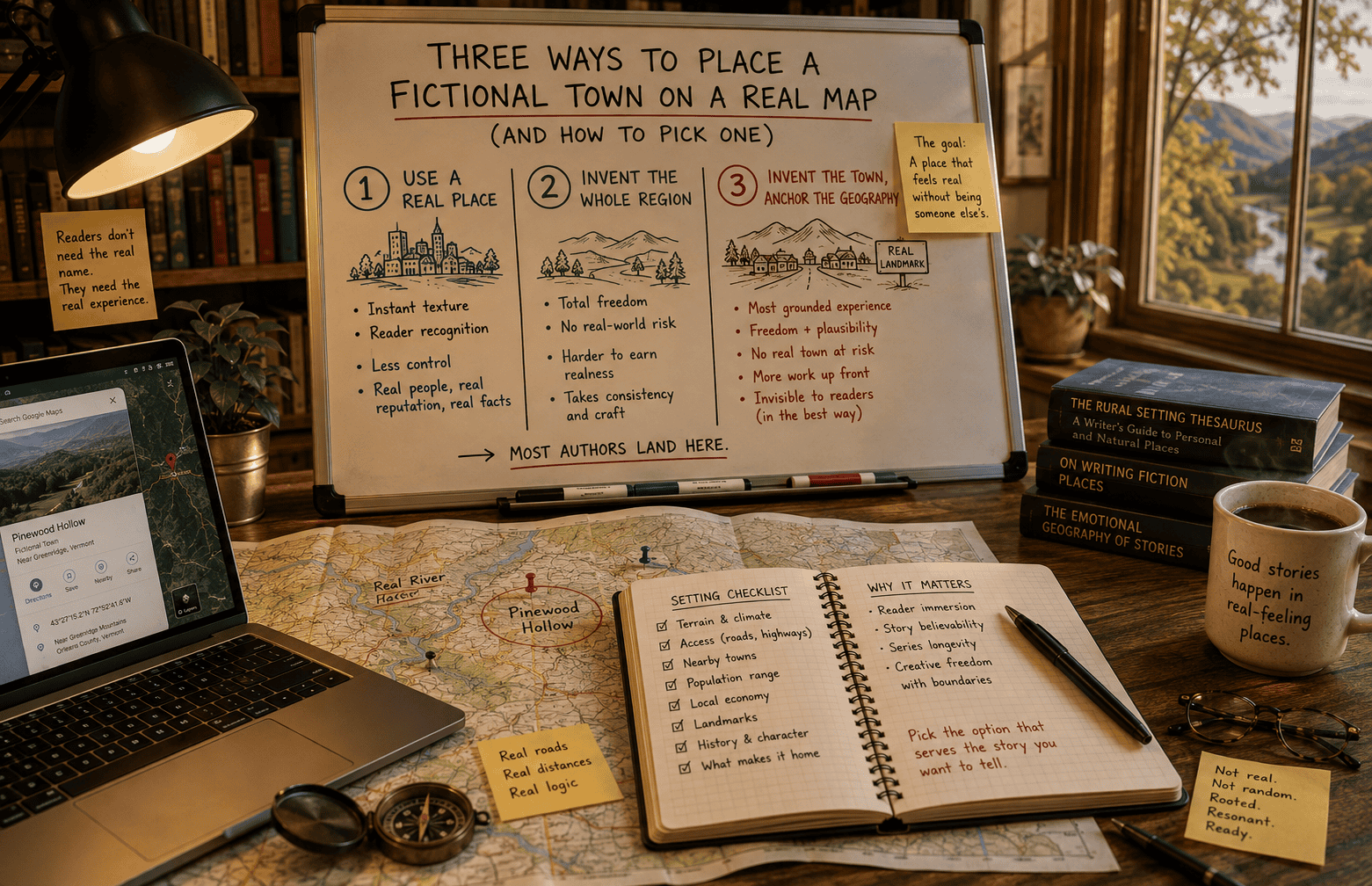 Featured image for "Three Ways to Place a Fictional Town on a Real Map." A warm, inviting writer's workspace features a large whiteboard comparing three approaches to fictional settings: using a real place, inventing an entire region, or creating a fictional town anchored to real geography. Spread across the wooden desk are printed maps, a notebook with setting-planning notes, a laptop displaying a mapped location, a compass, books on writing, and a coffee mug. The image conveys practical research and thoughtful world-building, illustrating how authors can create believable fictional towns grounded in real landscapes without copying an actual community.