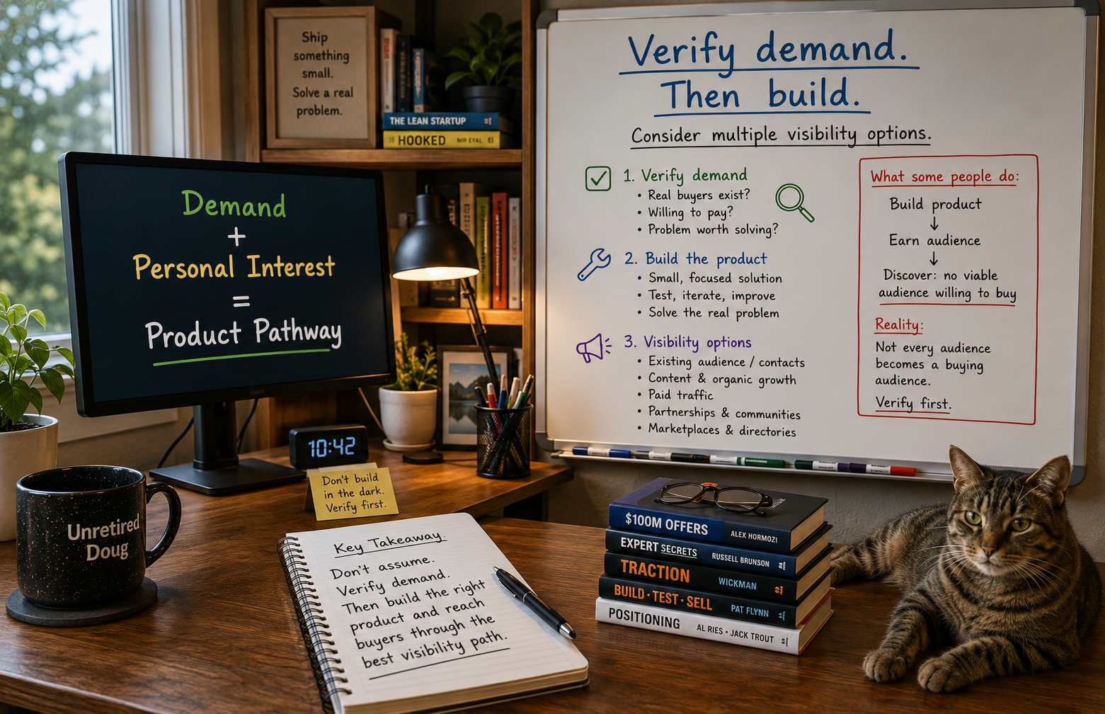 Warm Unretired Doug workspace with a monitor reading “Demand + Personal Interest = Product Pathway” and a whiteboard emphasizing “Verify demand. Then build.” alongside several visibility options for reaching buyers.