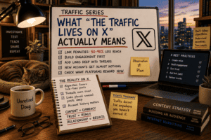 Featured image for "Traffic Series: What 'The Traffic Lives on X' Actually Means." A warmly lit home office at dusk features a large whiteboard explaining why traffic on X requires more than simply posting links. The board highlights reduced reach for outbound links, building engagement first, placing links deeper into threads, and understanding current platform incentives. A notebook summarizes key takeaways, a laptop displays X posting best practices, and a coffee mug labeled "Unretired Doug" sits beside a sleeping cat, reinforcing the blog's editorial workspace style. The image illustrates that successful traffic generation comes from earning trust and understanding platform mechanics rather than relying on simplistic marketing claims.