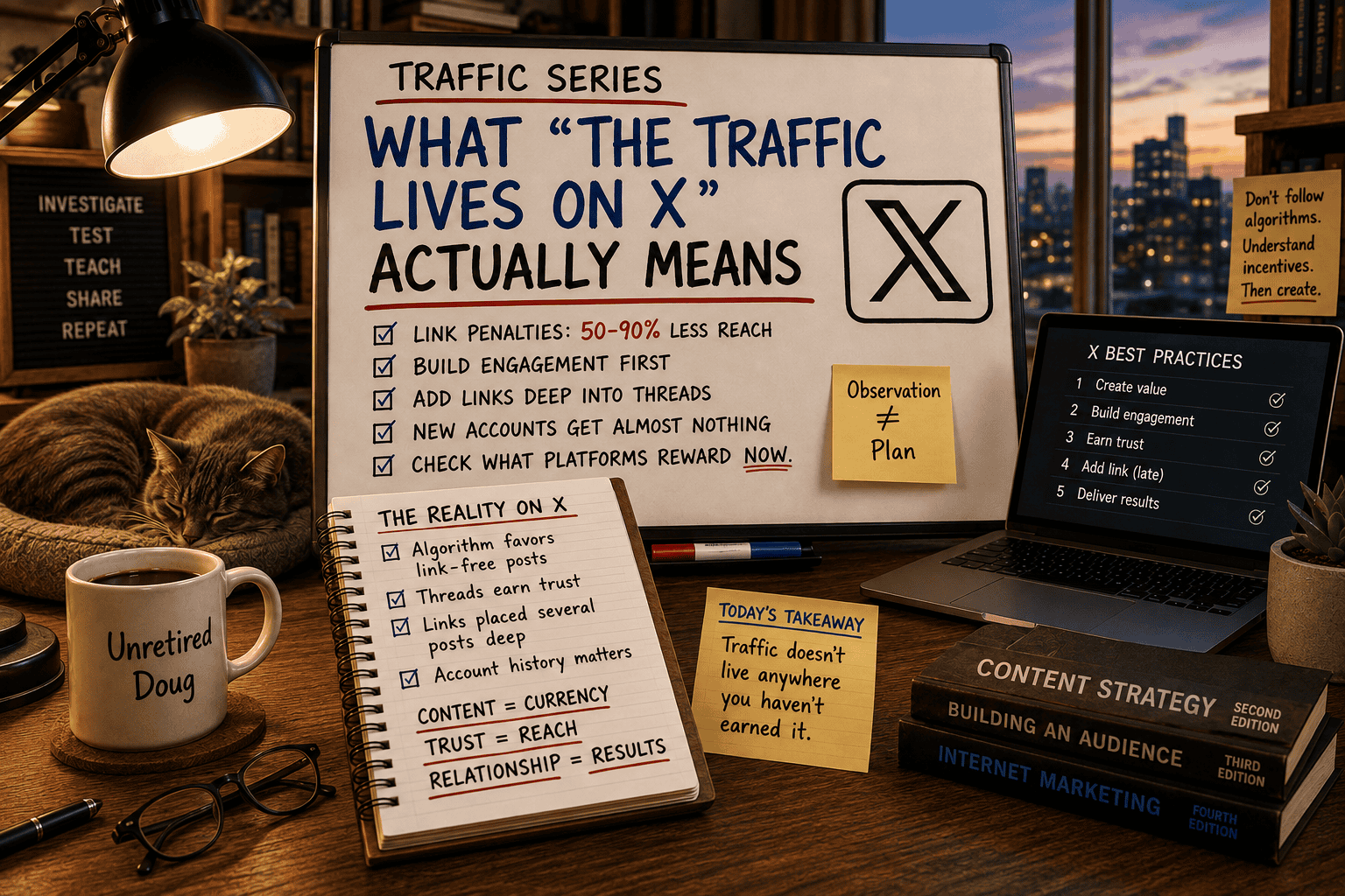 Featured image for "Traffic Series: What 'The Traffic Lives on X' Actually Means." A warmly lit home office at dusk features a large whiteboard explaining why traffic on X requires more than simply posting links. The board highlights reduced reach for outbound links, building engagement first, placing links deeper into threads, and understanding current platform incentives. A notebook summarizes key takeaways, a laptop displays X posting best practices, and a coffee mug labeled "Unretired Doug" sits beside a sleeping cat, reinforcing the blog's editorial workspace style. The image illustrates that successful traffic generation comes from earning trust and understanding platform mechanics rather than relying on simplistic marketing claims.