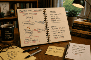 An organized research desk with an open notebook showing a fact-checking workflow, handwritten reminders about original sources, and books on critical thinking. The featured image supports an article explaining why agreement between AI tools does not necessarily mean information is accurate.