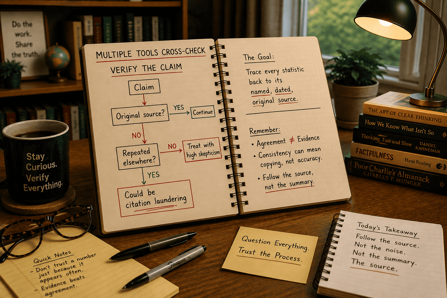 An organized research desk with an open notebook showing a fact-checking workflow, handwritten reminders about original sources, and books on critical thinking. The featured image supports an article explaining why agreement between AI tools does not necessarily mean information is accurate.