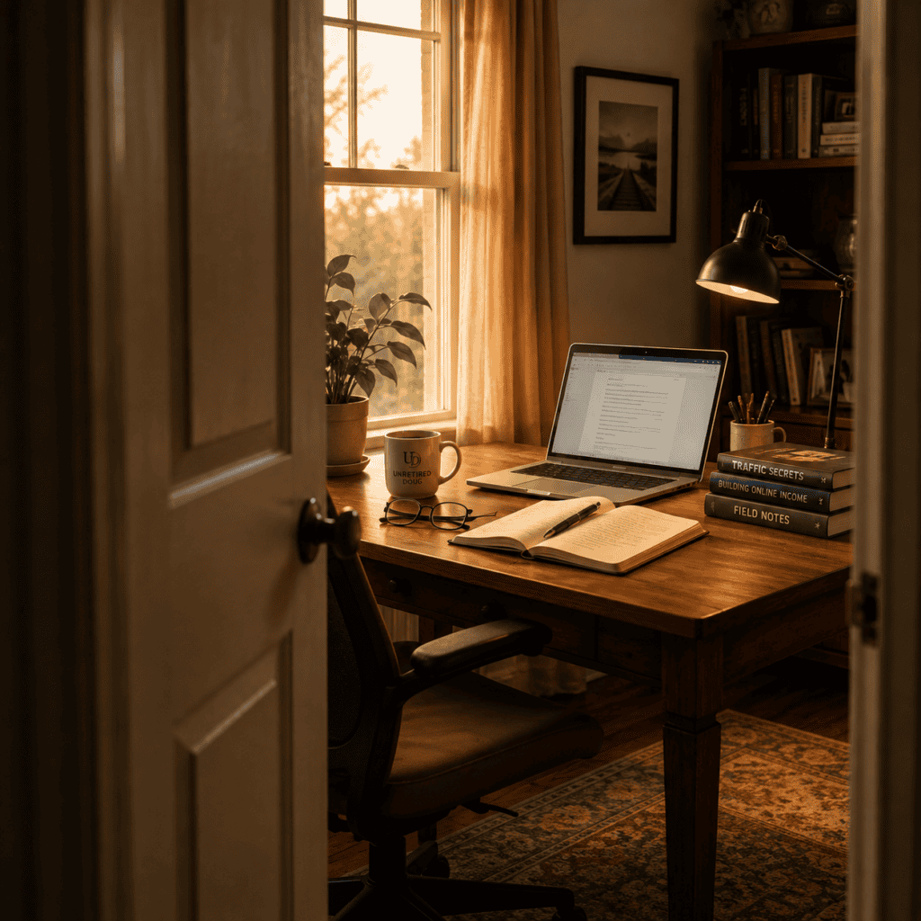 Warm home office viewed through an open doorway, with a laptop, notebook, coffee mug, books, and glasses on a wooden desk in late-afternoon light.