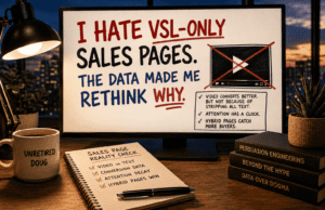 Featured image of a research-style workspace examining video sales pages (VSLs), with a monitor reading “I Hate VSL-Only Sales Pages. The Data Made Me Rethink Why.” A notebook, books, coffee mug, and desk lamp reinforce the article's evidence-based analysis of video-only versus hybrid sales pages and conversion claims.
